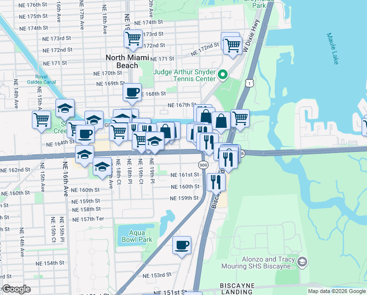 map of restaurants, bars, coffee shops, grocery stores, and more near 2170 Northeast 163rd Street in North Miami Beach