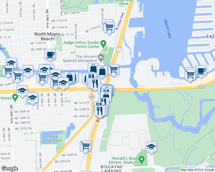 map of restaurants, bars, coffee shops, grocery stores, and more near 16249 Biscayne Boulevard in North Miami Beach