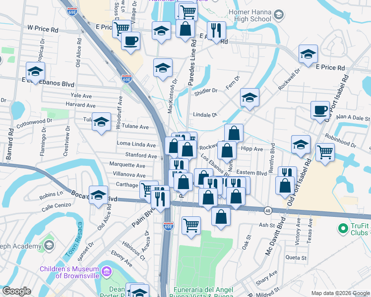map of restaurants, bars, coffee shops, grocery stores, and more near 349 Paredes Line Road in Brownsville
