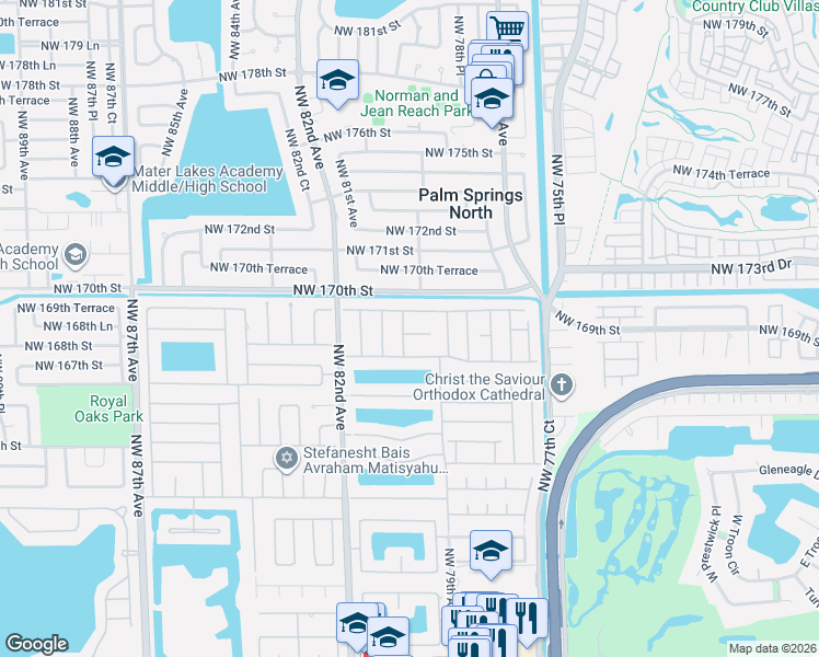map of restaurants, bars, coffee shops, grocery stores, and more near 16731 Northwest 79th Court in Hialeah