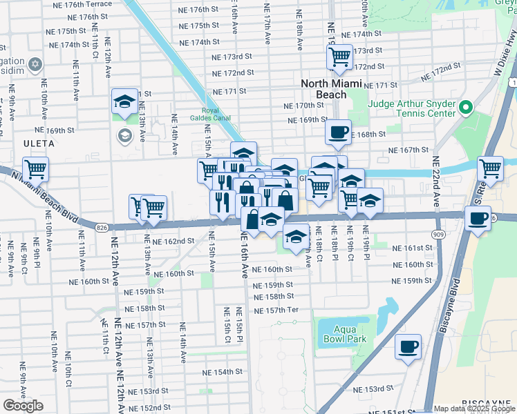 map of restaurants, bars, coffee shops, grocery stores, and more near 1640 Northeast 164th Street in North Miami Beach