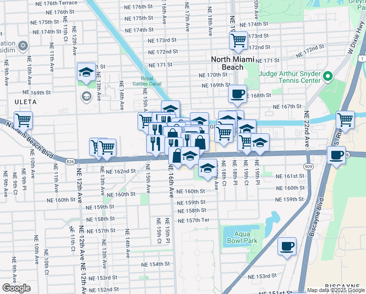 map of restaurants, bars, coffee shops, grocery stores, and more near 1640 Northeast 164th Street in North Miami Beach