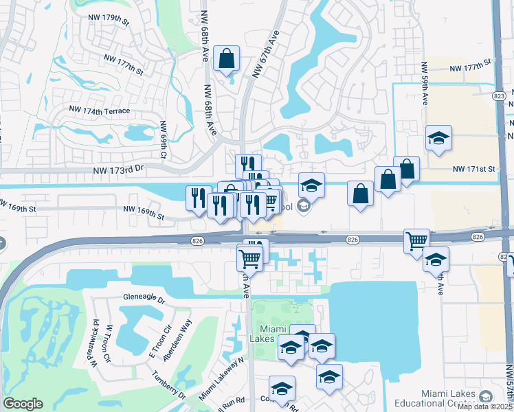 map of restaurants, bars, coffee shops, grocery stores, and more near 16935 Northwest 67th Avenue in Hialeah