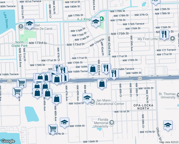 map of restaurants, bars, coffee shops, grocery stores, and more near 4381 Northwest 167th Terrace in Miami Gardens