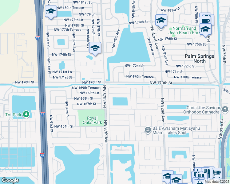 map of restaurants, bars, coffee shops, grocery stores, and more near 8532 Northwest 168th Terrace in Hialeah