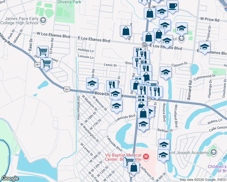 map of restaurants, bars, coffee shops, grocery stores, and more near 364 Boca Chica Boulevard in Brownsville