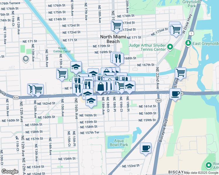 map of restaurants, bars, coffee shops, grocery stores, and more near in North Miami Beach