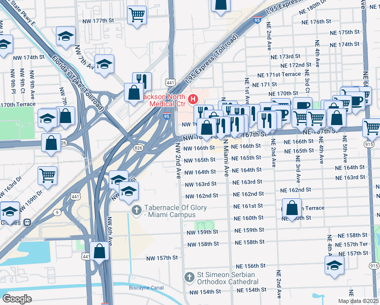 map of restaurants, bars, coffee shops, grocery stores, and more near 146 Northwest 166th Street in Miami