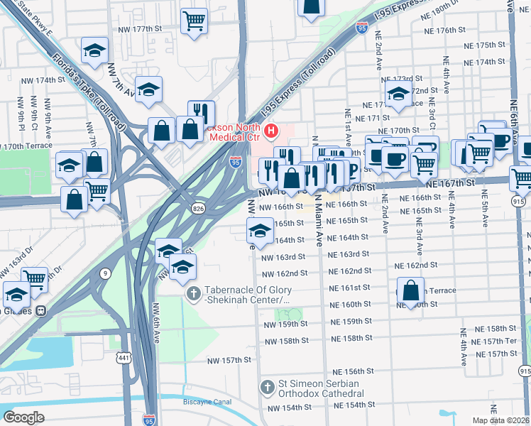 map of restaurants, bars, coffee shops, grocery stores, and more near 154 Northwest 166th Street in Miami