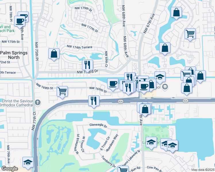 map of restaurants, bars, coffee shops, grocery stores, and more near 6931 Northwest 169th Terrace in Hialeah