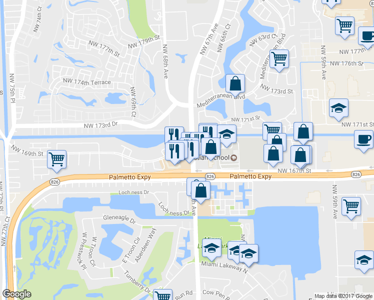 map of restaurants, bars, coffee shops, grocery stores, and more near 6832 Northwest 169th Street in Hialeah