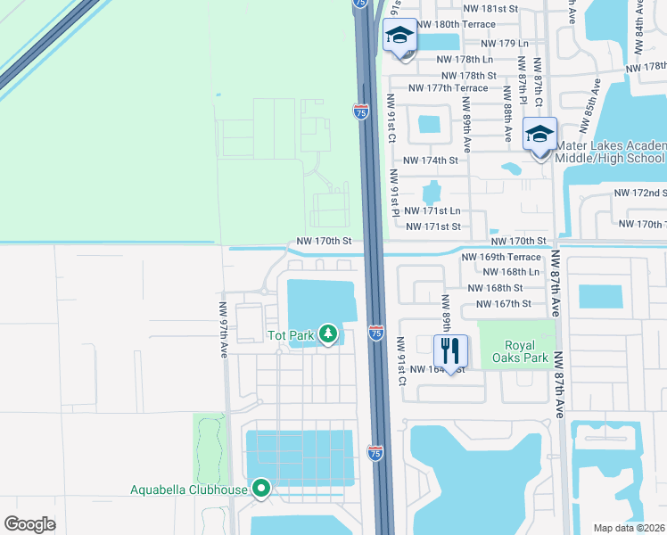 map of restaurants, bars, coffee shops, grocery stores, and more near Northwest 170th Street in Hialeah