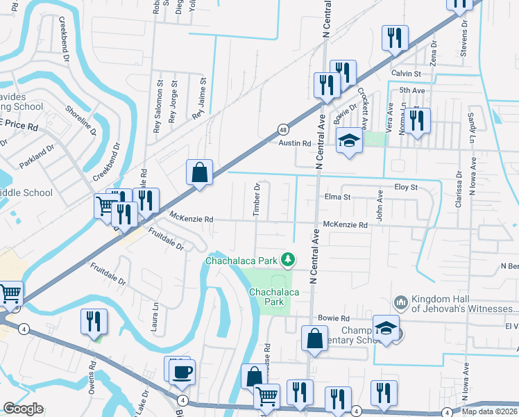 map of restaurants, bars, coffee shops, grocery stores, and more near 915 Timber Drive in Brownsville