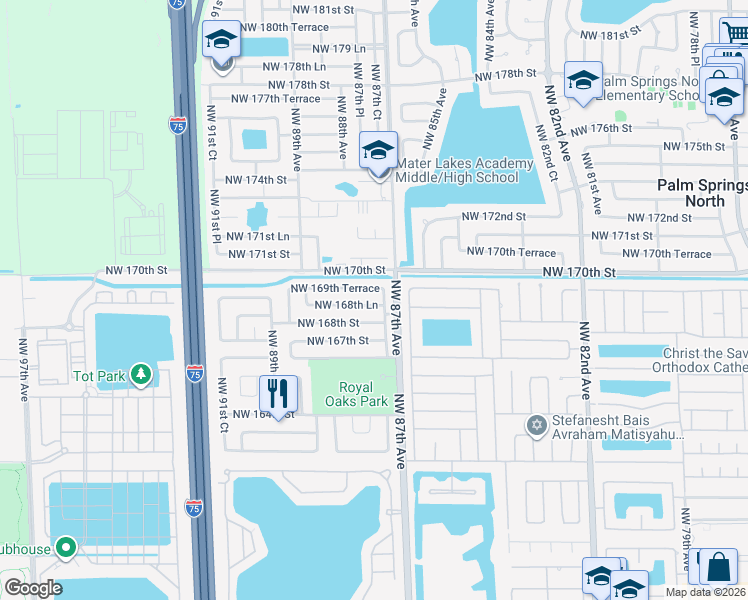 map of restaurants, bars, coffee shops, grocery stores, and more near 8759 Northwest 169th Terrace in Miami Lakes