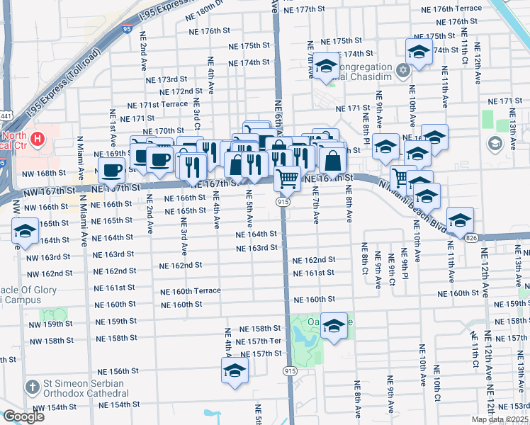 map of restaurants, bars, coffee shops, grocery stores, and more near 16595 Northeast 5th Avenue in Miami