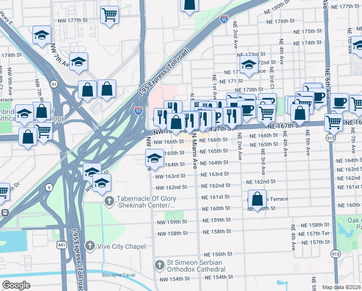 map of restaurants, bars, coffee shops, grocery stores, and more near 91 Northwest 166th Street in Miami