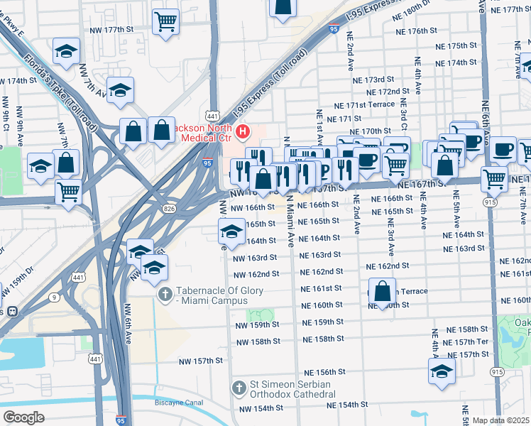 map of restaurants, bars, coffee shops, grocery stores, and more near 91 Northwest 166th Street in Miami