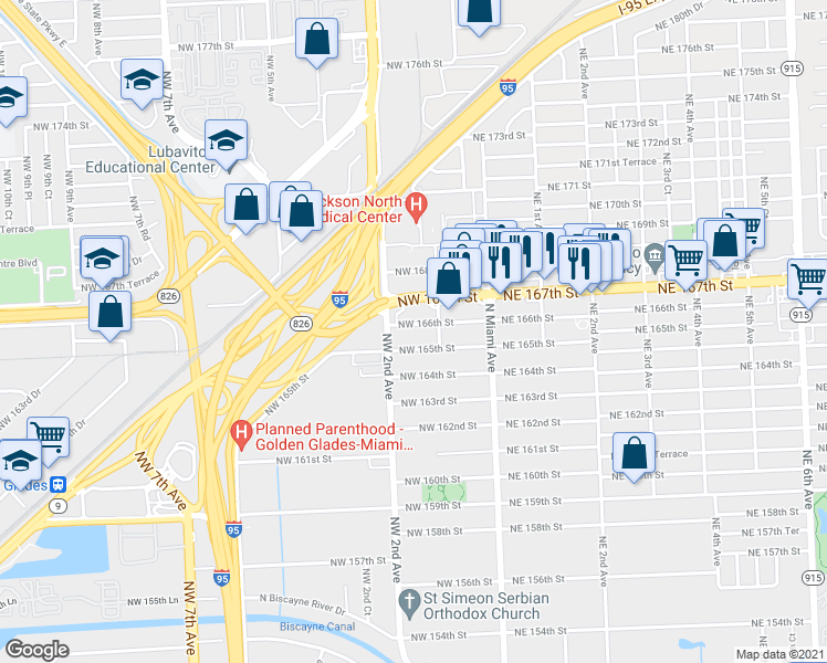 map of restaurants, bars, coffee shops, grocery stores, and more near 150 Northwest 167th Street in Miami