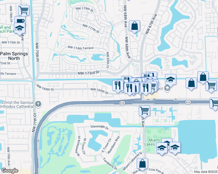 map of restaurants, bars, coffee shops, grocery stores, and more near 6931 Northwest 169th Terrace in Hialeah