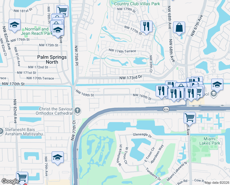 map of restaurants, bars, coffee shops, grocery stores, and more near 7260 Northwest 169th Terrace in Hialeah