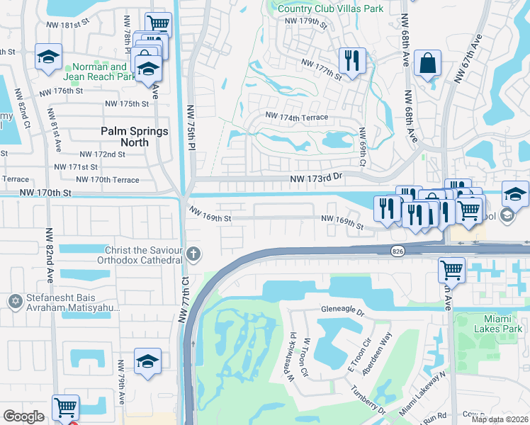 map of restaurants, bars, coffee shops, grocery stores, and more near 7355 Northwest 169th Terrace in Hialeah