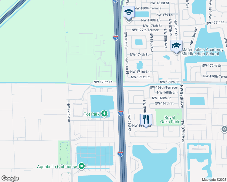 map of restaurants, bars, coffee shops, grocery stores, and more near Northwest 170th Street in Hialeah
