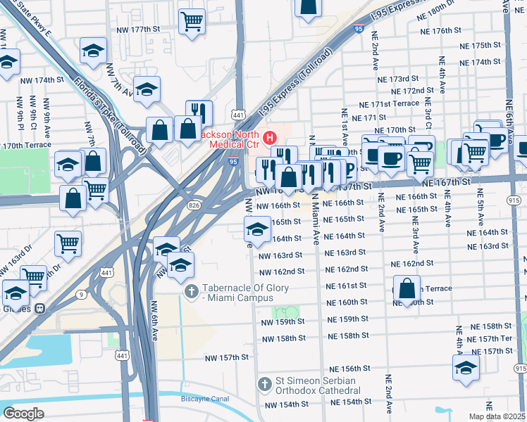 map of restaurants, bars, coffee shops, grocery stores, and more near 150 Northwest 166th Street in Miami