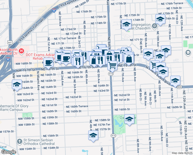 map of restaurants, bars, coffee shops, grocery stores, and more near 16595 Northeast 5th Avenue in Miami