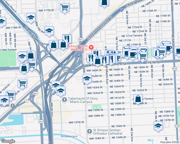 map of restaurants, bars, coffee shops, grocery stores, and more near 144 Northwest 166th Street in Miami