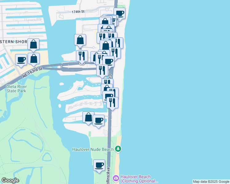 map of restaurants, bars, coffee shops, grocery stores, and more near 16421 Collins Avenue in Sunny Isles Beach