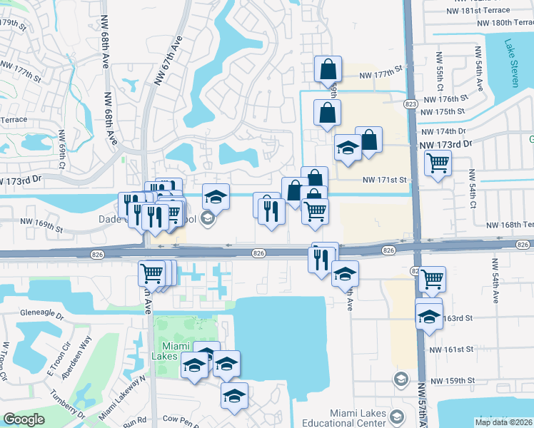 map of restaurants, bars, coffee shops, grocery stores, and more near 6187 Northwest 167th Street in Miami Lakes