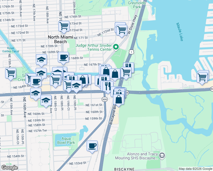 map of restaurants, bars, coffee shops, grocery stores, and more near 2231 Northeast 164th Street in North Miami Beach
