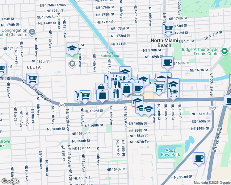 map of restaurants, bars, coffee shops, grocery stores, and more near 1558 Northeast 165th Street in North Miami Beach