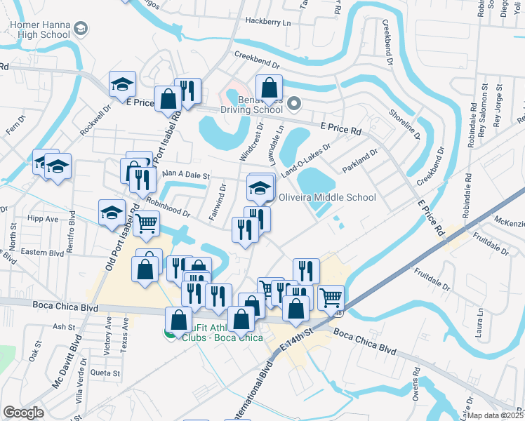 map of restaurants, bars, coffee shops, grocery stores, and more near 445 Land-O-Lakes Drive in Brownsville