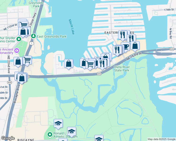 map of restaurants, bars, coffee shops, grocery stores, and more near 2910 Northeast 164th Street in North Miami Beach