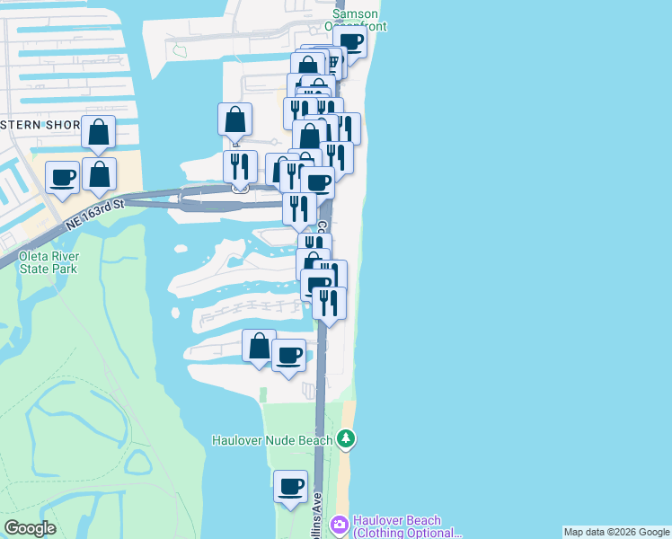 map of restaurants, bars, coffee shops, grocery stores, and more near 16421 Collins Avenue in Sunny Isles Beach