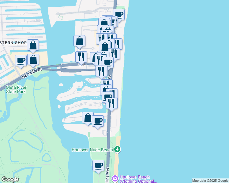 map of restaurants, bars, coffee shops, grocery stores, and more near 16421 Collins Avenue in Sunny Isles Beach