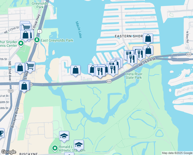 map of restaurants, bars, coffee shops, grocery stores, and more near 2910 Northeast 164th Street in North Miami Beach