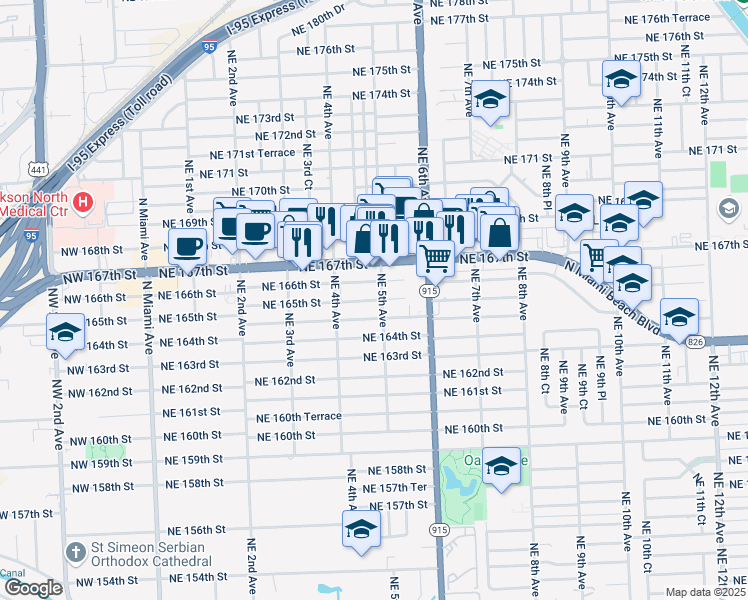 map of restaurants, bars, coffee shops, grocery stores, and more near 16595 Northeast 5th Avenue in Miami