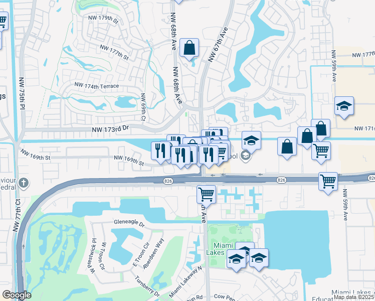 map of restaurants, bars, coffee shops, grocery stores, and more near 6745 Northwest 169th Street in Hialeah