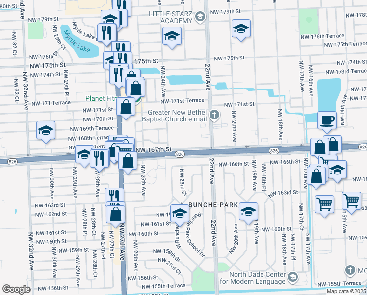 map of restaurants, bars, coffee shops, grocery stores, and more near 2301 Northwest 167th Street in Miami Gardens