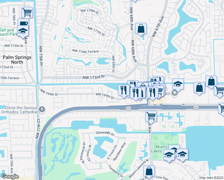 map of restaurants, bars, coffee shops, grocery stores, and more near 6931 Northwest 169th Terrace in Hialeah