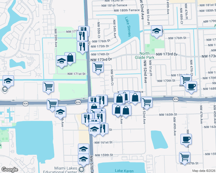 map of restaurants, bars, coffee shops, grocery stores, and more near 5447 Northwest 169th Terrace in Miami Gardens