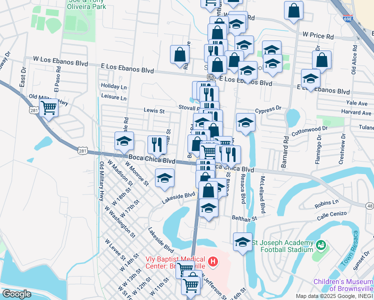 map of restaurants, bars, coffee shops, grocery stores, and more near 1444 Brownfield Road in Brownsville