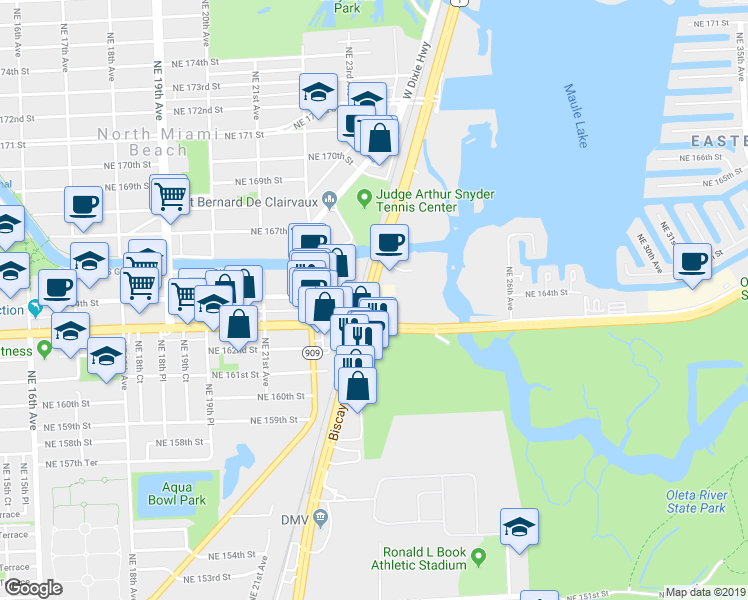map of restaurants, bars, coffee shops, grocery stores, and more near 2265 Northeast 164th Street in Miami