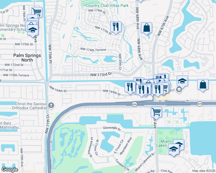 map of restaurants, bars, coffee shops, grocery stores, and more near 7027 Northwest 169th Street in Hialeah