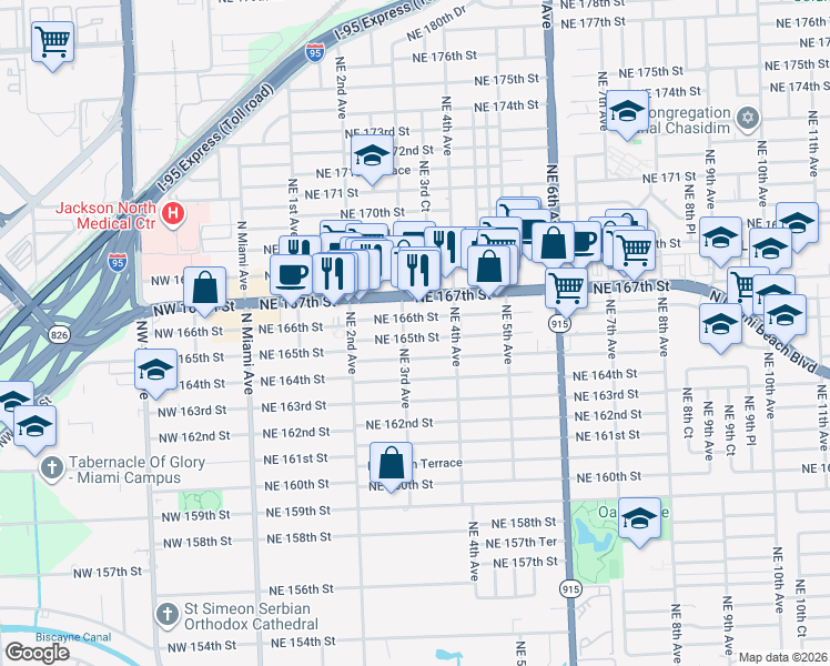 map of restaurants, bars, coffee shops, grocery stores, and more near 16598 Northeast 3rd Avenue in Miami