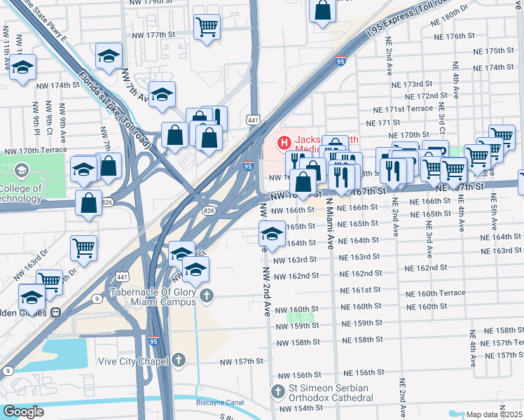 map of restaurants, bars, coffee shops, grocery stores, and more near 16500 Northwest 2nd Avenue in Miami