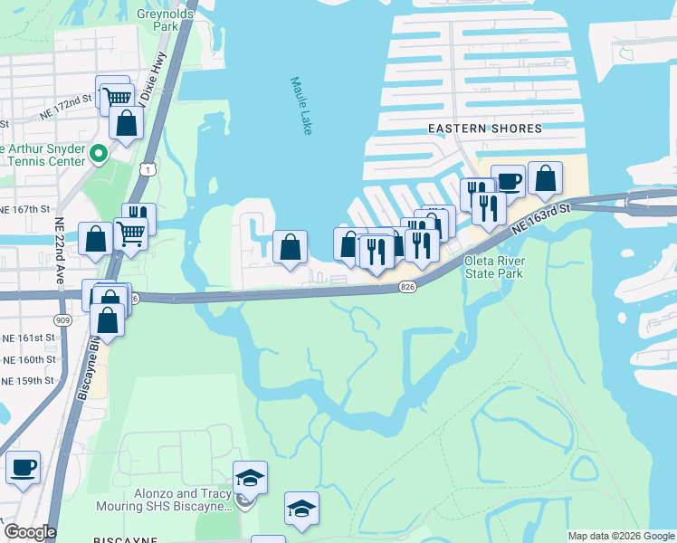 map of restaurants, bars, coffee shops, grocery stores, and more near 18429 Northeast 28th Avenue in North Miami Beach