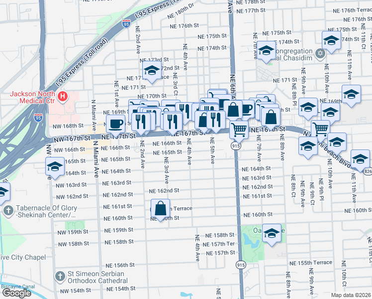 map of restaurants, bars, coffee shops, grocery stores, and more near 362 Northeast 166th Street in Miami